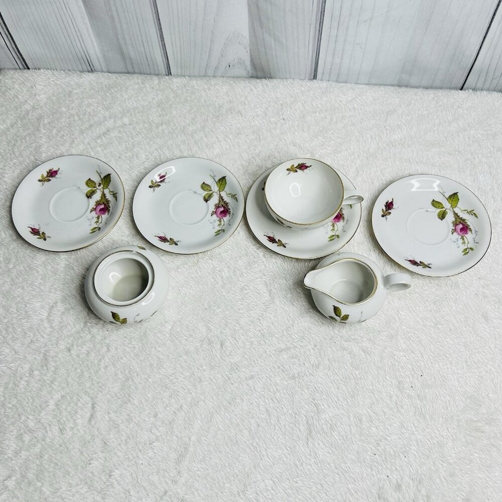 Eschenbach Bavaria Germany Moss Rose Demitasse Teacup Saucers Cream and Sugar